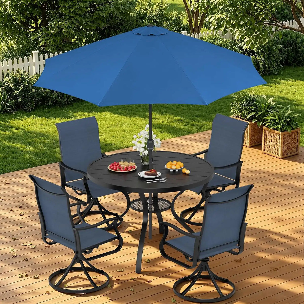SUNCROWN 6-Piece Outdoor Dining Set, All Weather Patio Furniture Sets with 4 Dark Blue Swivel Textilene Mesh Chairs & Round Metal Table & 1 Dark Blue 9Ft Umbrella for Deck Garden Backyard Poolside