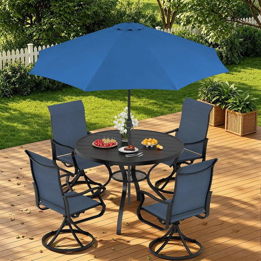 SUNCROWN 6-Piece Outdoor Dining Set, All Weather Patio Furniture Sets with 4 Dark Blue Swivel Textilene Mesh Chairs & Round Metal Table & 1 Dark Blue 9Ft Umbrella for Deck Garden Backyard Poolside