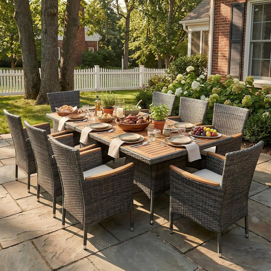 10-Pieces Ratton Patio Table and Chairs with Acacia Tabletop, Grey