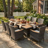 10-Pieces Ratton Patio Table and Chairs with Acacia Tabletop, Grey
