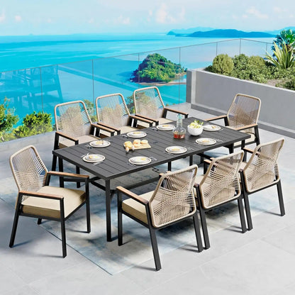 SUNSHINE VALLEY 9pc Patio Dining Set, 83" Metal Table & 8 Rattan Chairs