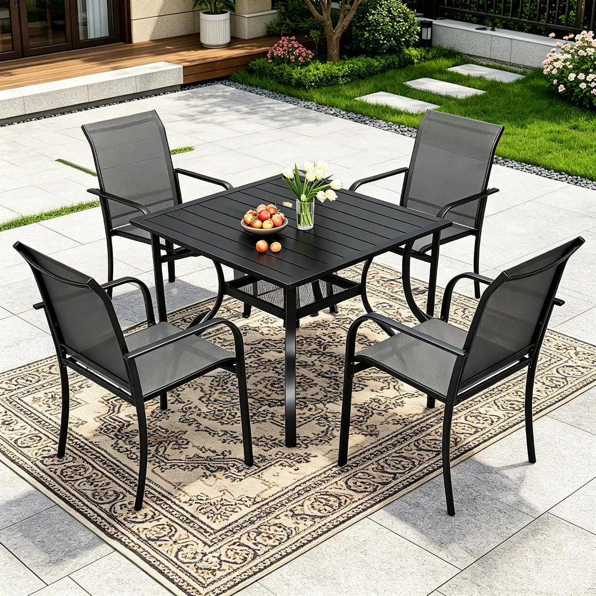 SUNCROWN 5-Piece Outdoor Dining Set, Patio Furniture Set with 4 x Textilene Dinning Chairs and 1 Steel Slat Metal Bistro Table for Garden Deck Lawn Backyard, Grey