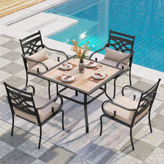 PHI VILLA Patio Dining Set, Square Metal Table