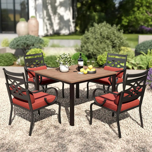 PHI VILLA Patio Dining Set, Square Metal Table