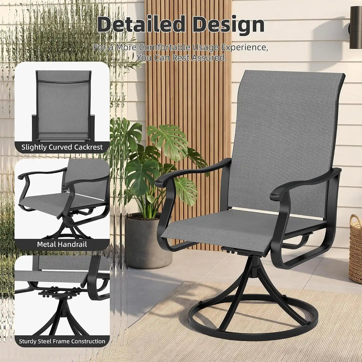 SUNCROWN 6-Piece Outdoor Dining Set, All Weather Patio Furniture Sets with 4 Dark Gray Swivel Textilene Mesh Chairs & Round Metal Table & 1 Brown 9Ft Umbrella for Deck Garden Backyard Poolside