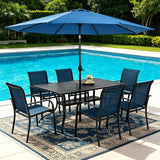 SUNCROWN 8 - Piece Outdoor Dining Set, Patio Furniture Set with 6 Textilene Dinning Chairs, 1 Rectangle Metal Table and 1 Dark Blue 9Ft Patio Umbrella for Lawn Garden Backyard Deck, Blue