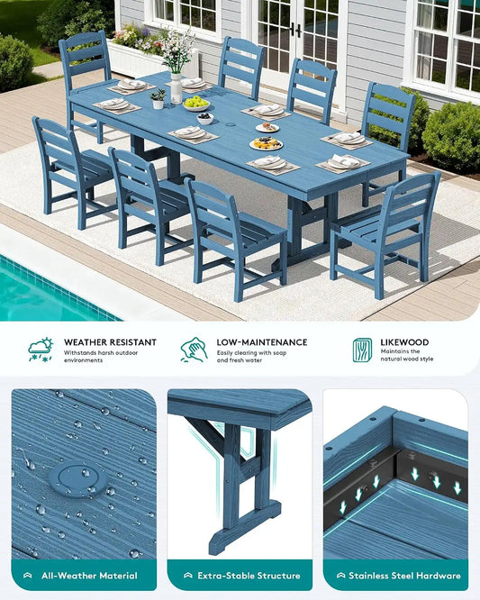 SERWALL 9Pcs 84" HDPE Outdoor Dining Set for 8 with Armless Chairs,Blue