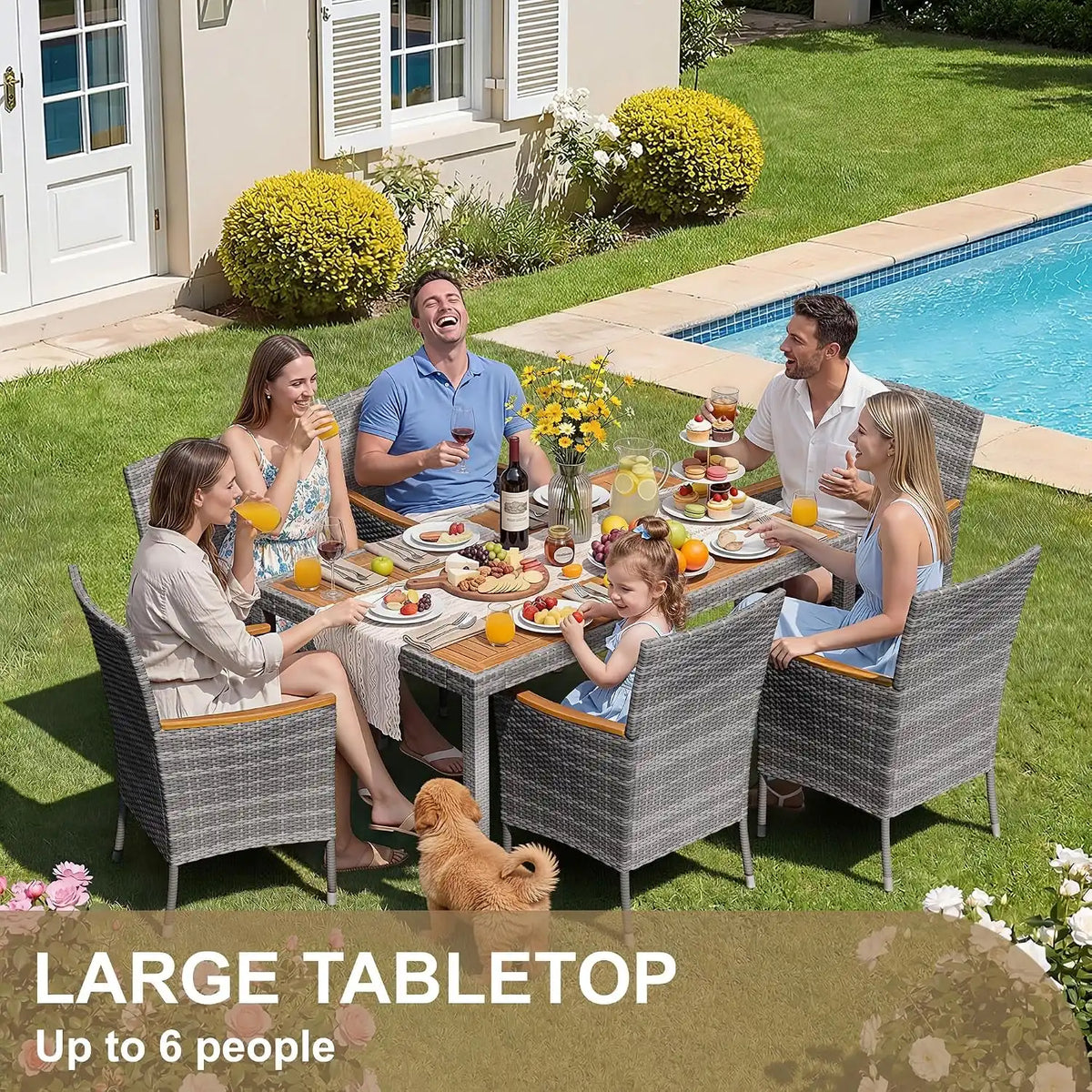 Devoko 7 PCS Acacia Wood Patio Dining Set, Gray Rattan