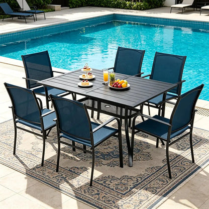 SUNCROWN 7 Pieces Outdoor Dining Set, Patio Furniture Set with 6 x Textilene Dinning Chairs and 1 60"x37" Steel Slat Metal Bistro Table for Backyard Lawn Deck Garden, Dark Blue