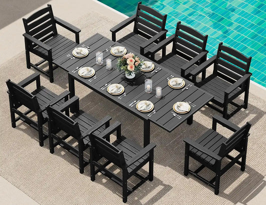 SERWALL HDPE and Aluminum Outdoor Dining Set for 8, Black