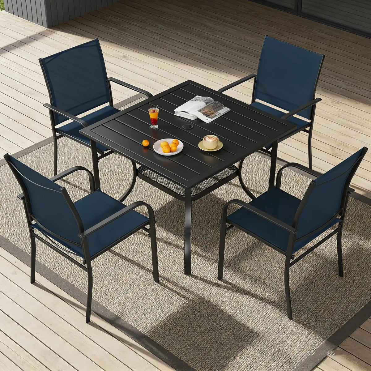 SUNCROWN 5 - Piece Furniture Set, Outdoor Dining Set with 4 x Textilene Dinning Chairs and 1 Steel Slat Metal Bistro Table for Lawn Garden Backyard Deck, Dark Blue