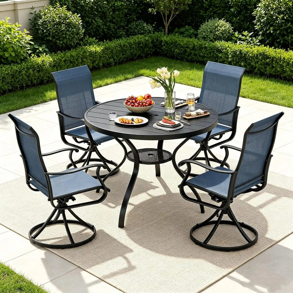 SUNCROWN 5-Piece Outdoor Patio Dining Set, All Weather Round Metal Table & 4 Dark Blue Swivel Textilene Mesh Chairs, Weather Resistant Patio Furniture for Deck Lawn Garden Backyard Poolside