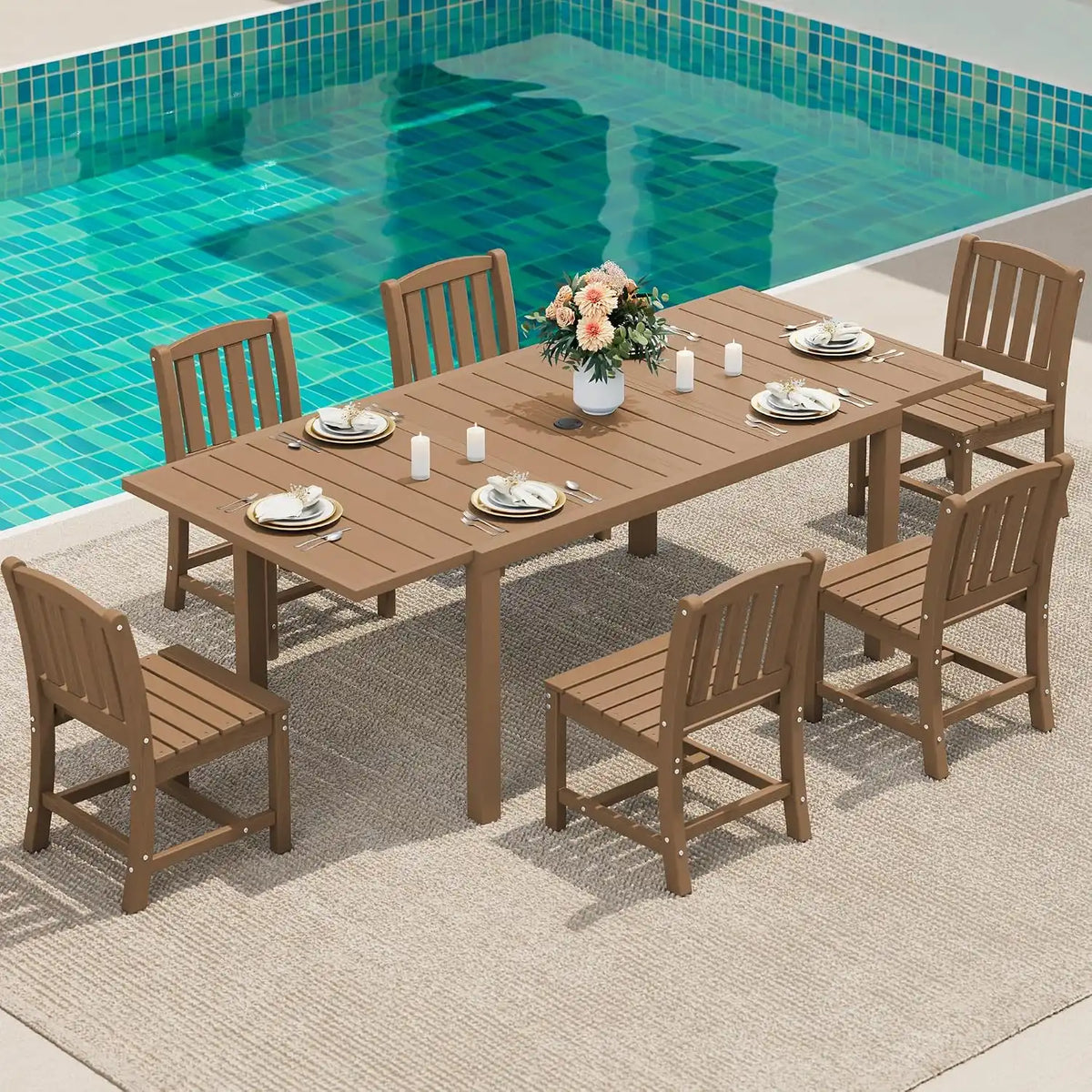 SERWALL Outdoor Patio Dining Set for 6, Brown