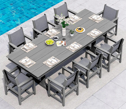 SERWALL 9Pcs HDPE Outdoor Dining Set for 8 with Sling Chairs,Gray