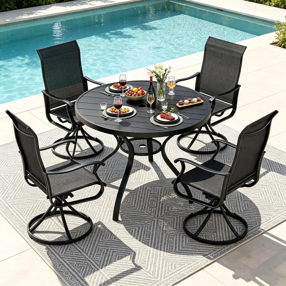 SUNCROWN 5-Piece Outdoor Patio Dining Set, All Weather Round Metal Table & 4 Black Swivel Textilene Mesh Chairs, Weather Resistant Patio Furniture for Deck Lawn Garden Backyard Poolside