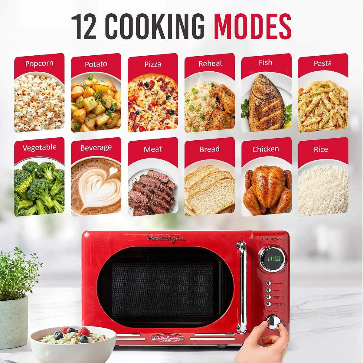 Nostalgia Retro Compact Countertop Microwave Oven - 0.7 Cu. Ft. - 700-Watts with LED Digital Display - Child Lock - Easy Clean Interior - Red