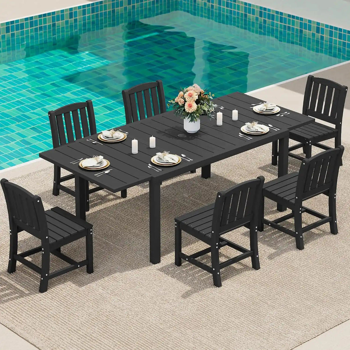 SERWALL Outdoor Patio Dining Set for 6, Black