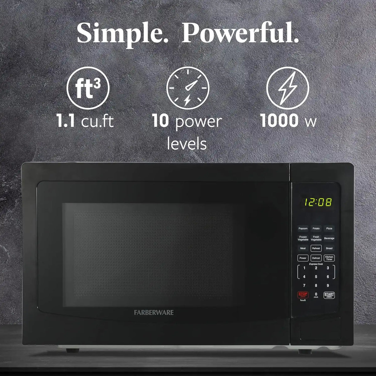 Farberware Black Microwave Oven, 1.1 Cu. Ft., 1000 Watts, Countertop