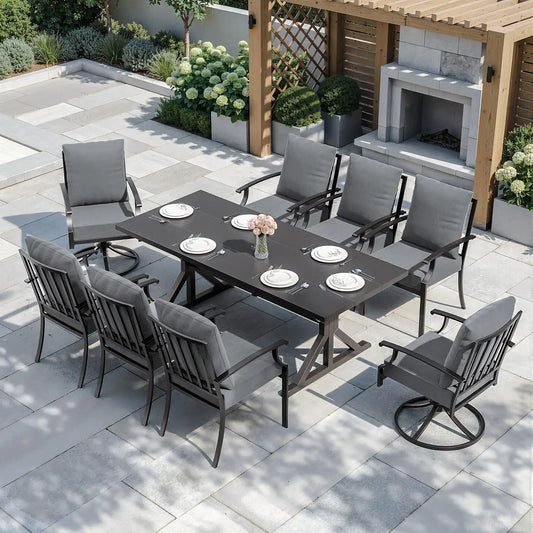 ALAULM 9-Piece Patio Dining Set,Outdoor Metal Dining Set with 2 Swivel Chairs & Rectangle Table with 1.5 Umbrella Hole, Patio Dining Table and Chairs for Backyard,Grey