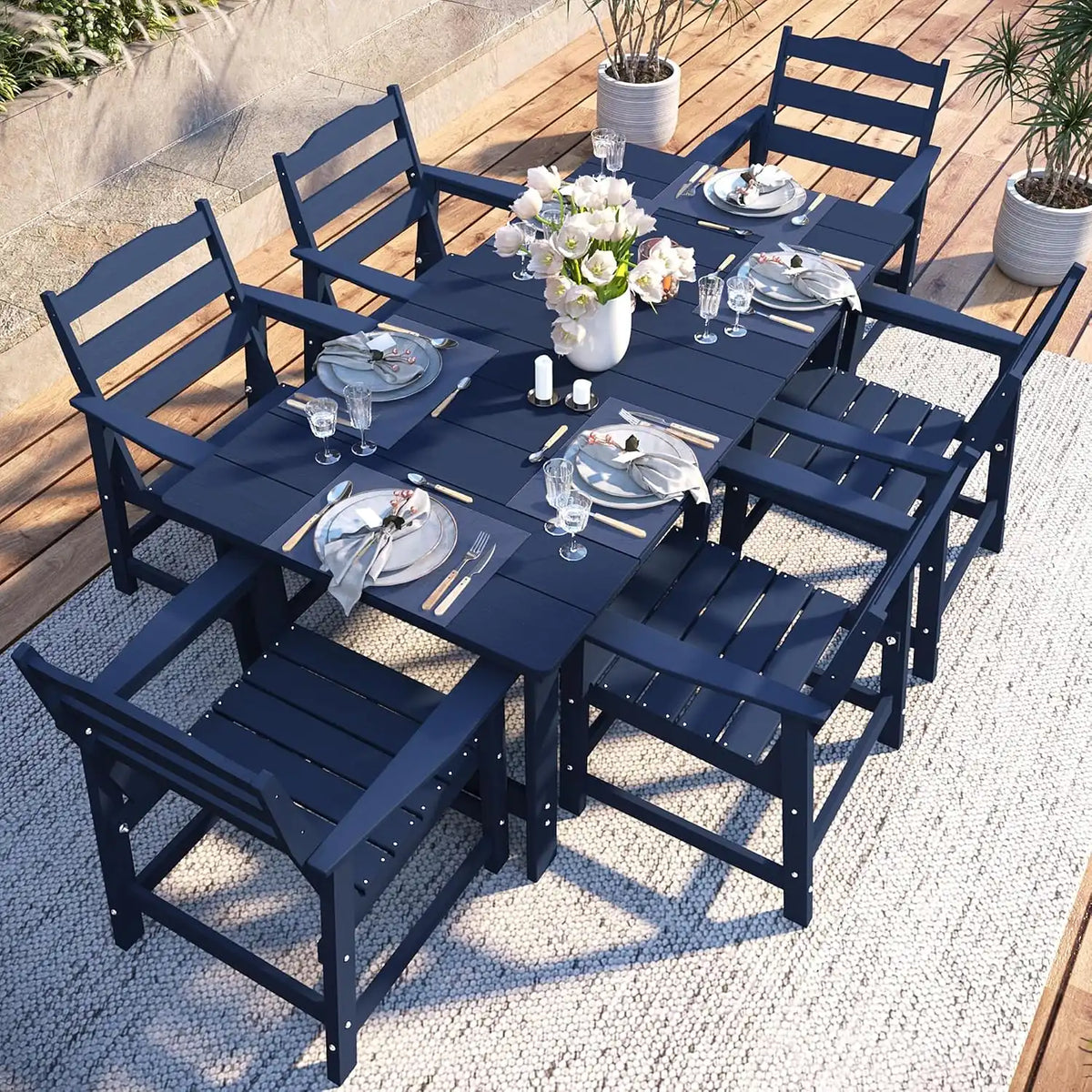 THOEOE Patio Dining Set for 6, HDPE 70 inch Outdoor Table and Chairs
