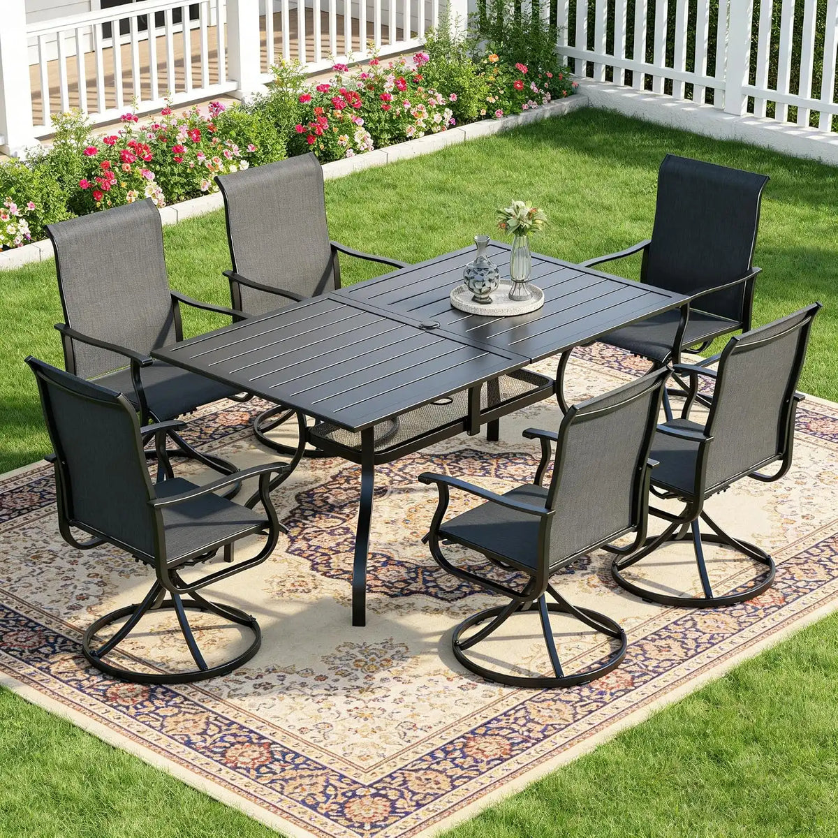 SUNCROWN 7-Piece Outdoor Patio Dining Set, All Weather Rectangular Metal Table & 6 Black Swivel Textilene Mesh Chairs, Weather Resistant Patio Furniture for Deck Lawn Garden Backyard Poolside