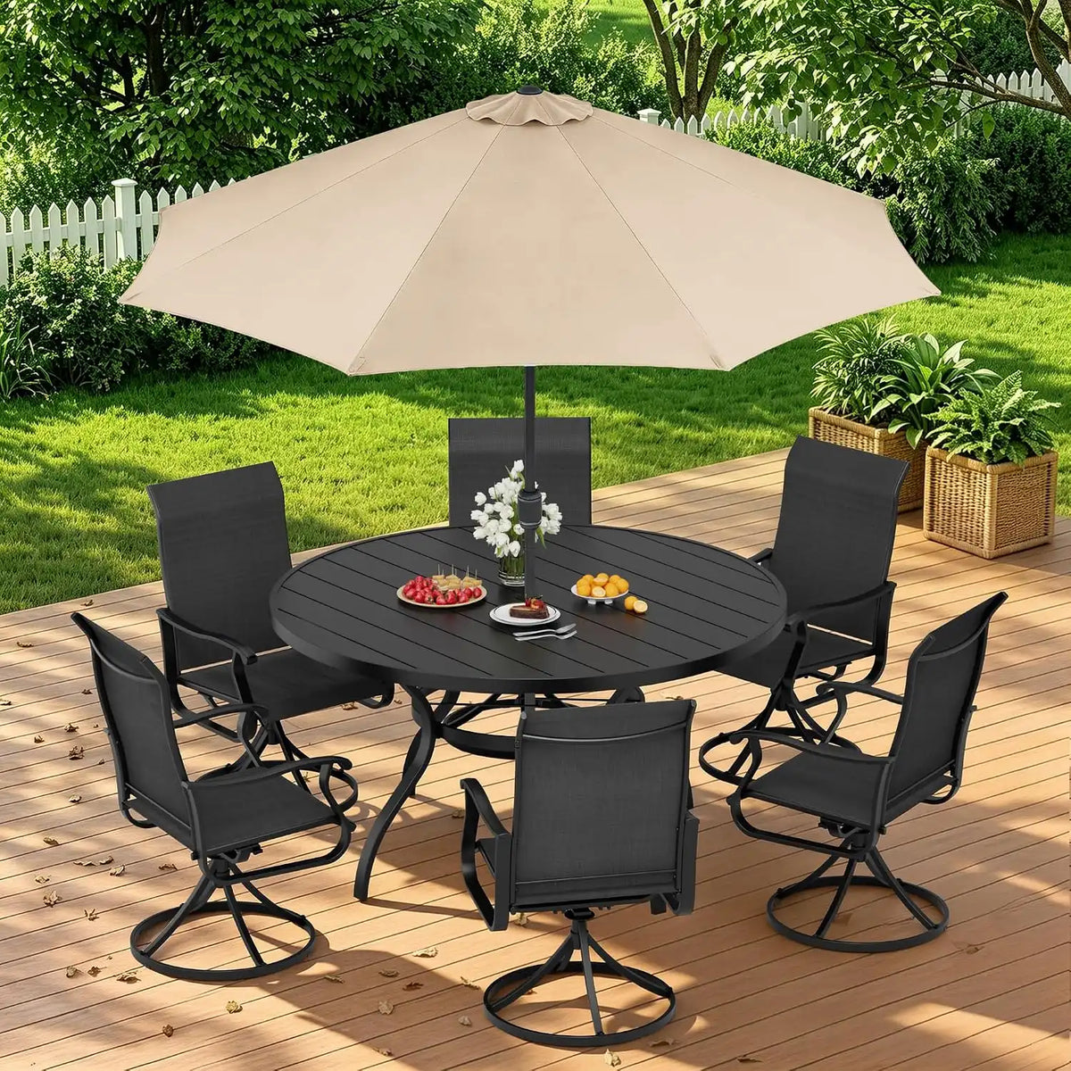 SUNCROWN 8-Piece Outdoor Dining Set, All Weather Patio Furniture Sets with 6 Black Swivel Textilene Mesh Chairs & Round Metal Table & 1 Brown 9Ft Umbrella for Deck Garden Backyard Poolside