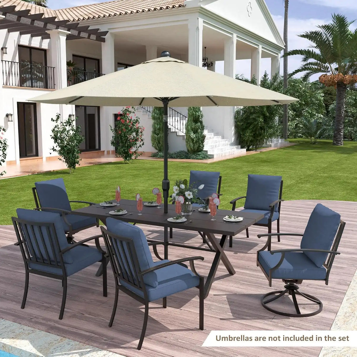 ALAULM 7-Piece Patio Dining Table and Chairs for 6 Outdoor Dining Set with 2 Swivel Chairs Patio Dining Sets with Rectangular Metal Table with Umbrella Hole for Patio, Backyard, Garden-Dark Blue