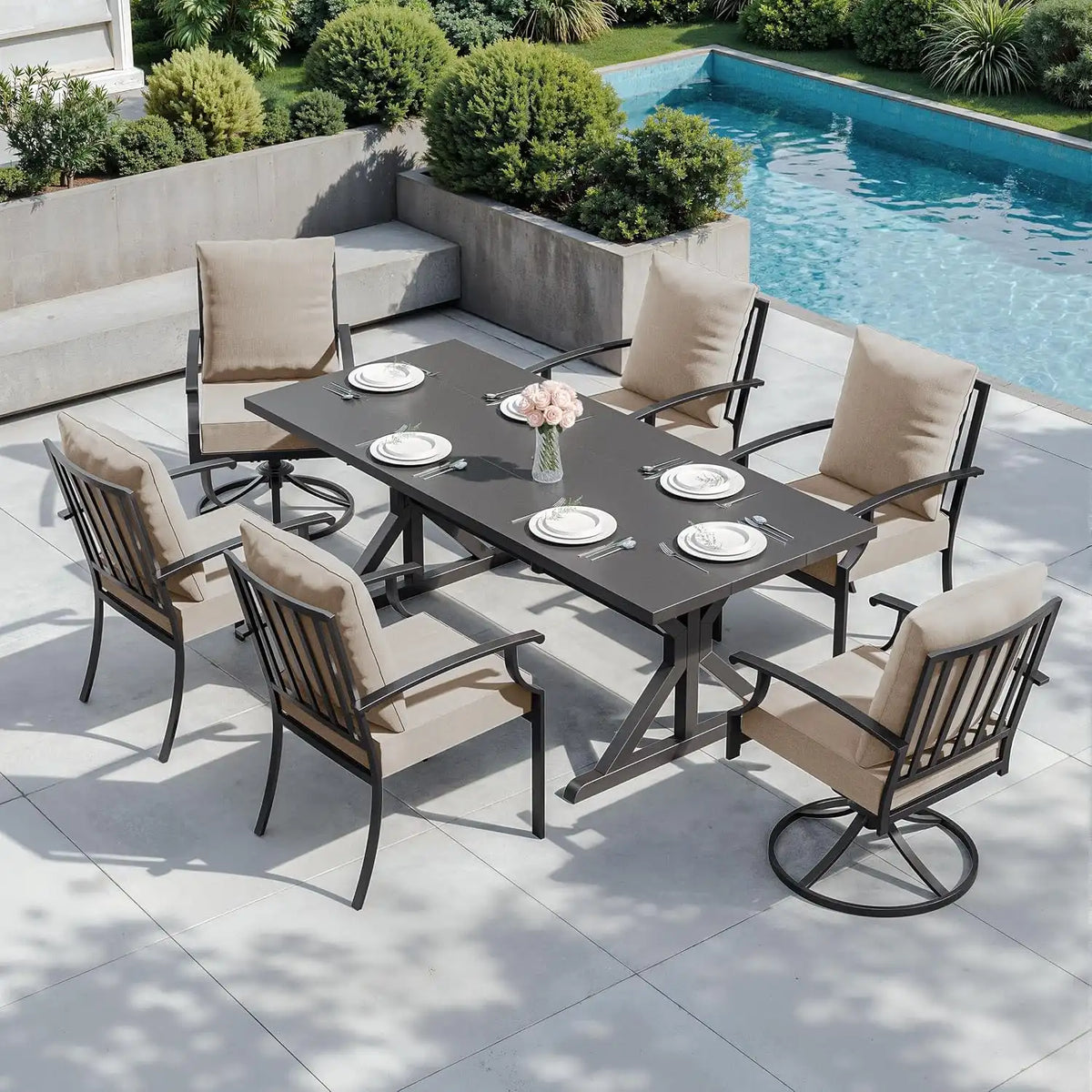 ALAULM 7-Piece Patio Dining Set,Outdoor Metal Dining Set with 2 Swivel Chairs & Rectangle Table with 1.5 Umbrella Hole, Patio Dining Table and Chairs for Backyard,Sand