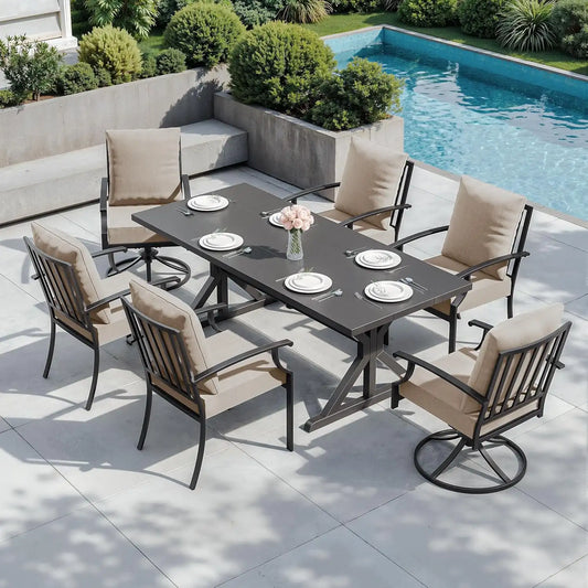 ALAULM 7-Piece Patio Dining Set,Outdoor Metal Dining Set with 2 Swivel Chairs & Rectangle Table with 1.5 Umbrella Hole, Patio Dining Table and Chairs for Backyard,Sand