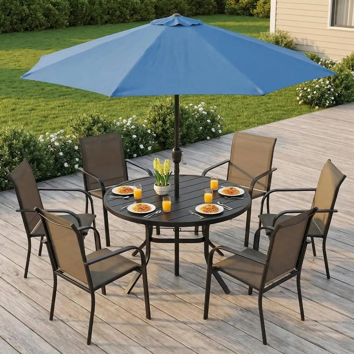 SUNCROWN 8 - Piece Outdoor Dining Set, Patio Furniture Set with 6 Textilene Dinning Chairs, 53" Metal Round Table and 1 Dark Blue 9Ft Patio Umbrella for Lawn Garden Backyard Deck, Brown