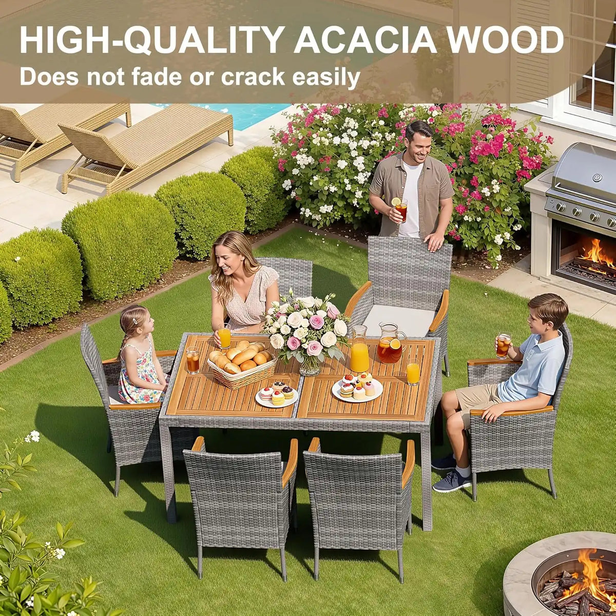 Devoko 7 PCS Acacia Wood Patio Dining Set, Gray Rattan