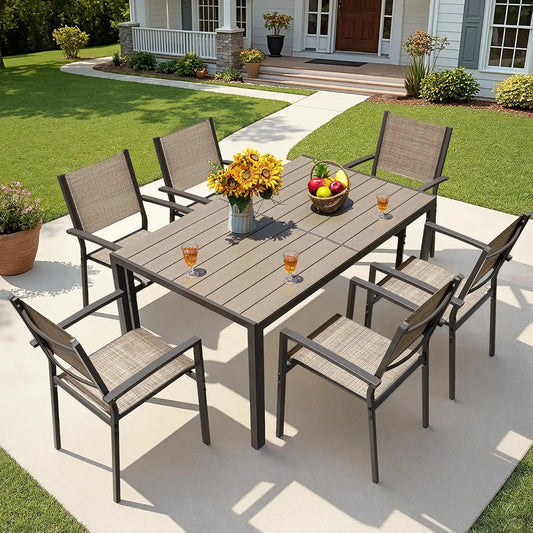 Greesum Patio Dining Set 7 Piece, Outdoor Furniture Textilene Chairs with Large Table, Comfortable for Porch, Pool, Garden, Brown