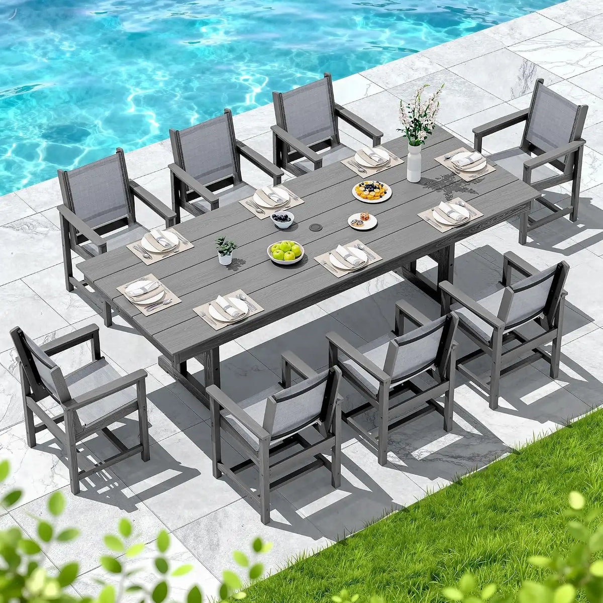 SERWALL 9Pcs HDPE Outdoor Dining Set for 8 with Sling Chairs,Gray