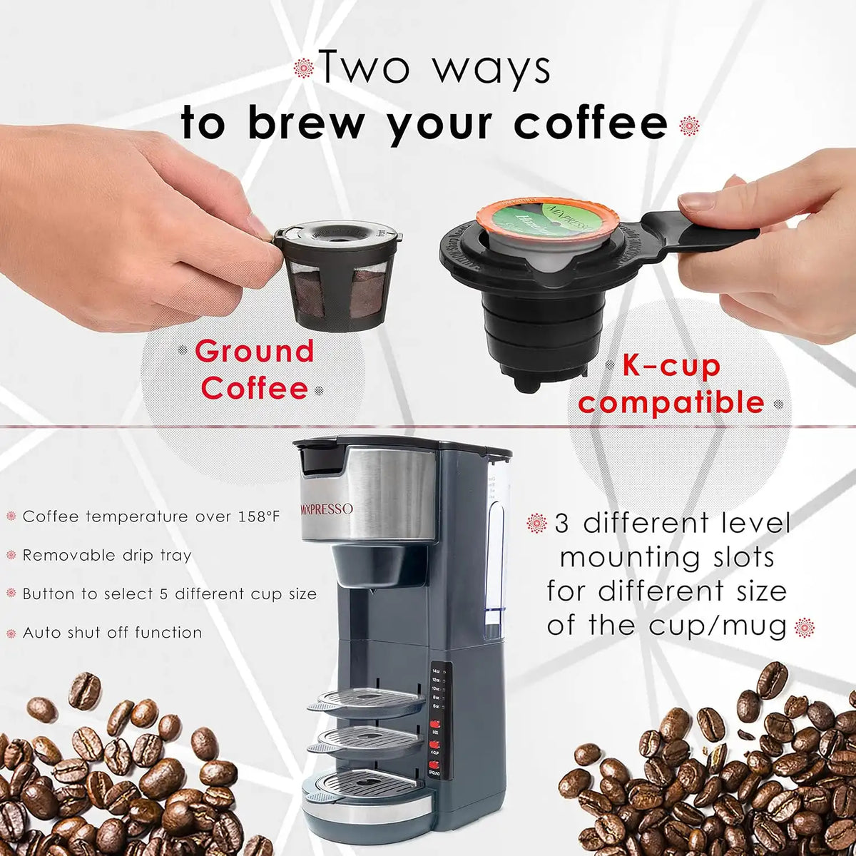 Mixpresso Gray Single Serve Coffee Brewer K-Cup Pods Compatible & Ground
