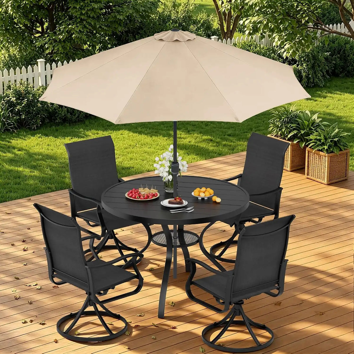 SUNCROWN 6-Piece Outdoor Dining Set, All Weather Patio Furniture Sets with 4 Black Swivel Textilene Mesh Chairs & Round Metal Table & 1 Brown 9Ft Umbrella for Deck Garden Backyard Poolside