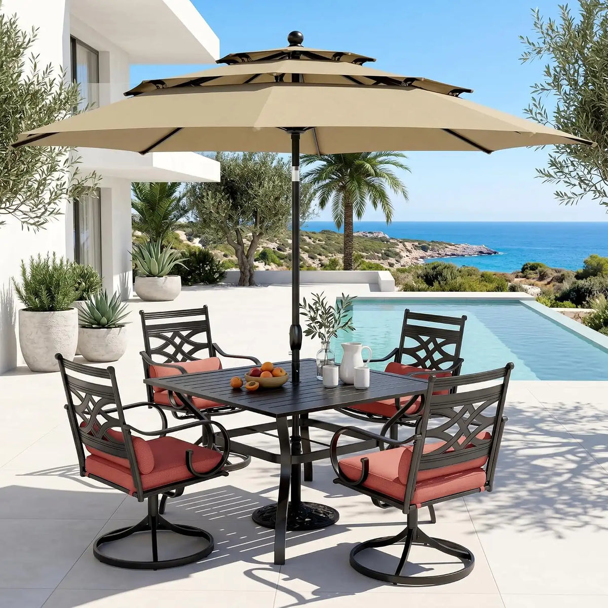 PHI VILLA Outdoor Dining Set with Umbrella for 4, 37" Metal Square Table & Wrought Iron Swivel Chairs, Patio Furniture with Red Cushions & Pillows for Deck, Porch