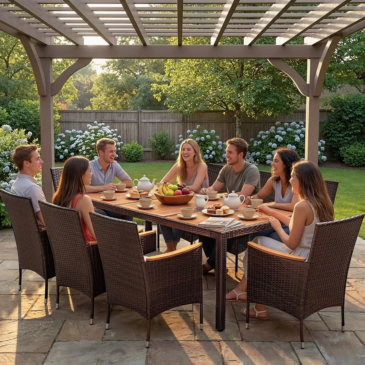 Devoko 9 PCS Acacia Wood Patio Dining Set, Brown Rattan