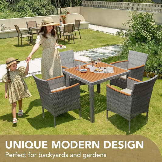 Devoko 5 PCS Acacia Wood Patio Dining Set, Gray Rattan