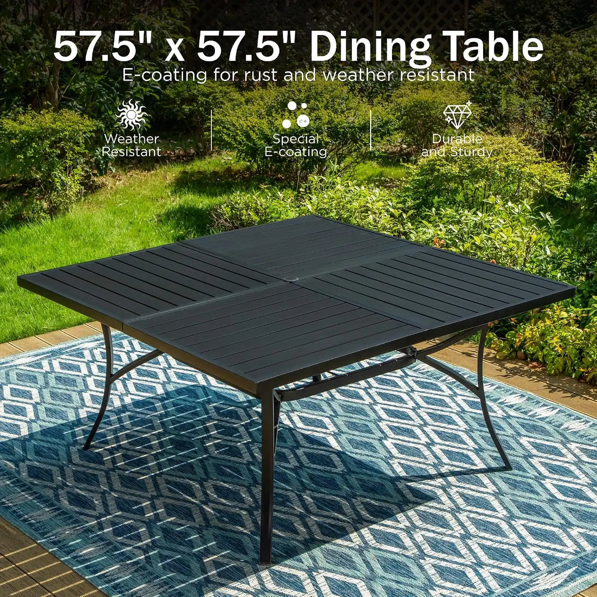 PHI VILLA Outdoor Dining Set 9 Pieces, 57.5" Square Table, Umbrella Hole | Wrought Iron, Iron Chairs, Red Cushions, Black & Red, Weather-Resistant