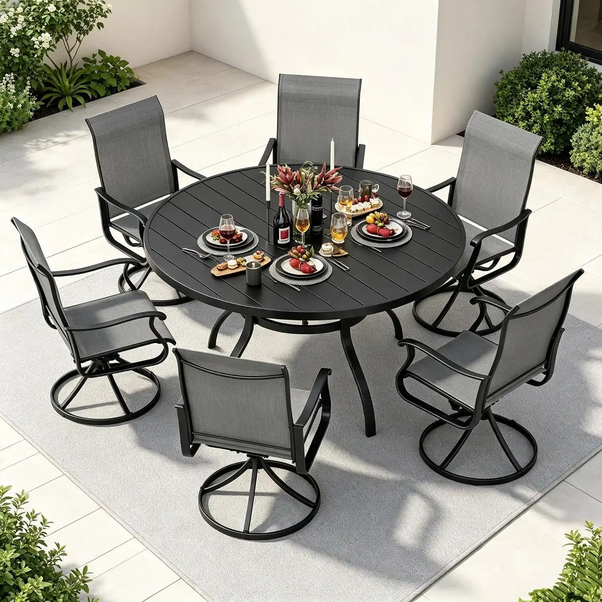 SUNCROWN 7-Piece Outdoor Patio Dining Set, All Weather Round Metal Table & 6 Dark Gray Swivel Textilene Mesh Chairs, Weather Resistant Patio Furniture for Deck Lawn Garden Backyard Poolside