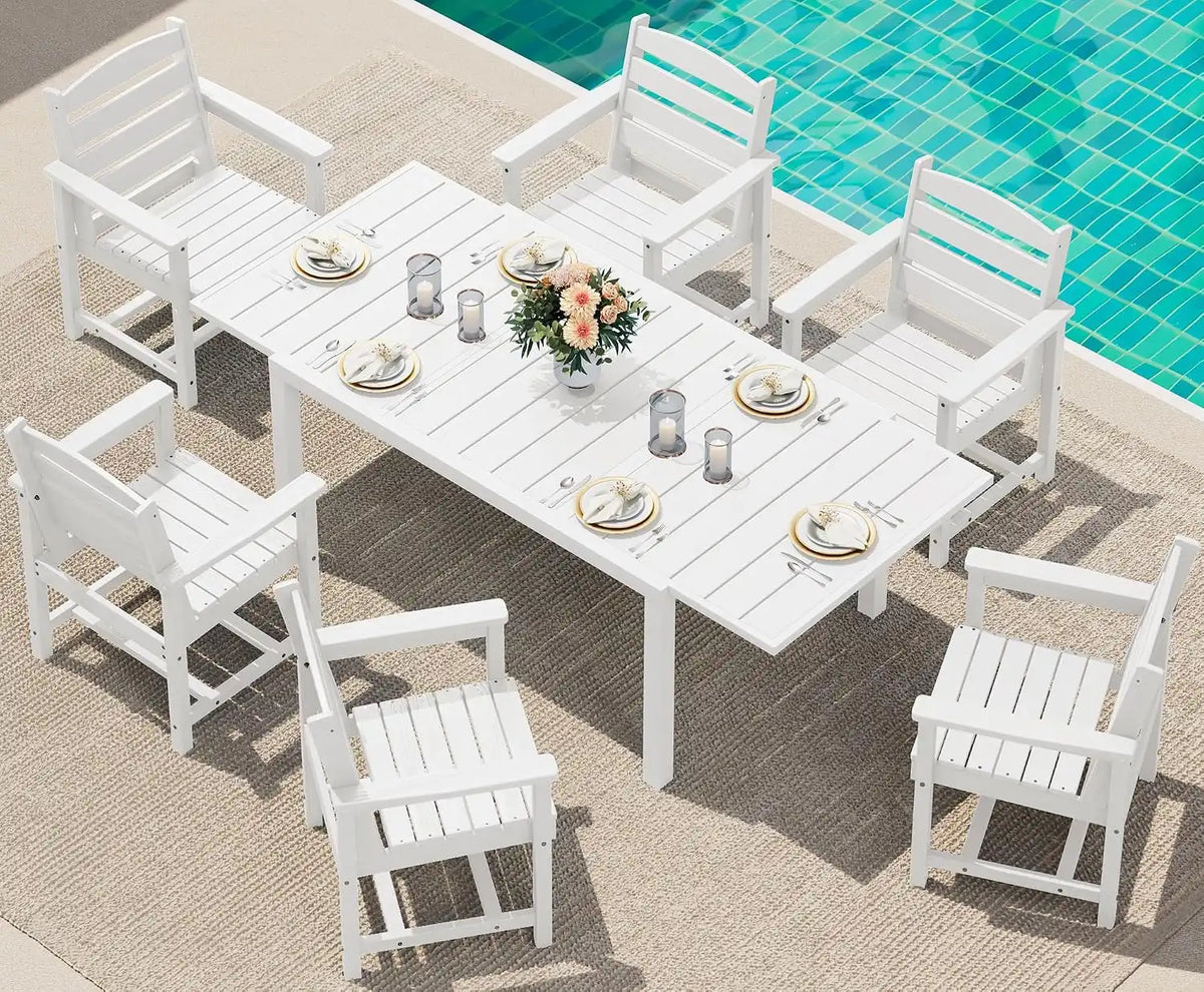 SERWALL 60" - 83" Expandable Outdoor Dining Table and 6 HDPE Chairs, White