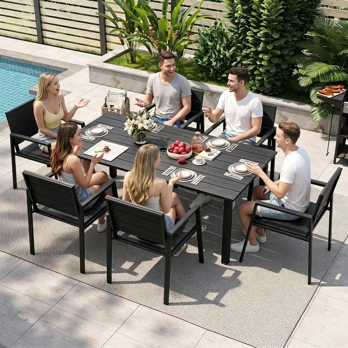 LazySunsets Outdoor Dining Set with Umbrella Hole (Blacky, 7 Piece)