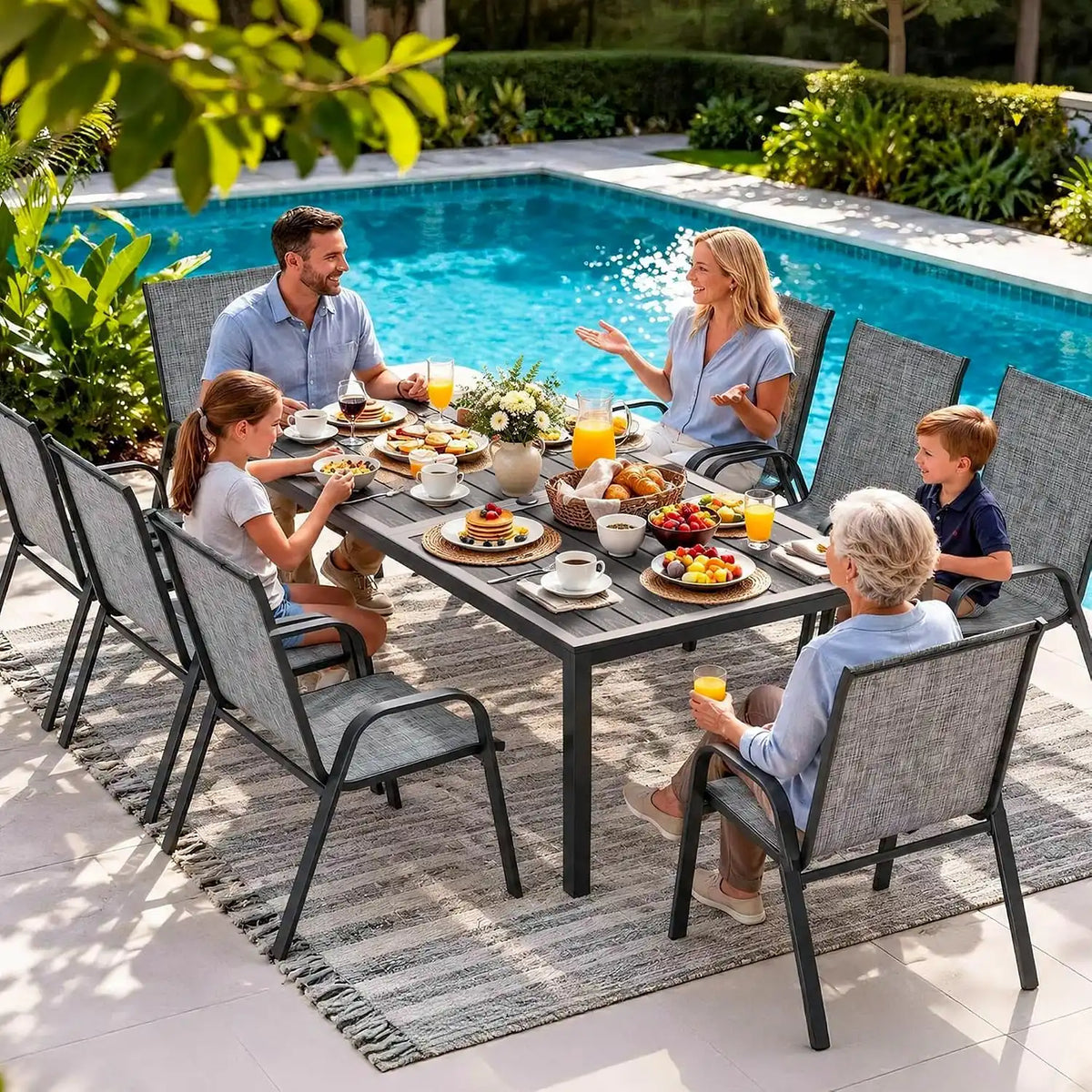 Pamapic Outdoor Dining Sets for 9, Rectangular Steel Slat Table with 8 Textilene Chairs, 8 Piece Patio Table and Chairs Set with Umbrella Hole for Patio, Backyard, Poolside (Grey, No Umbrella)