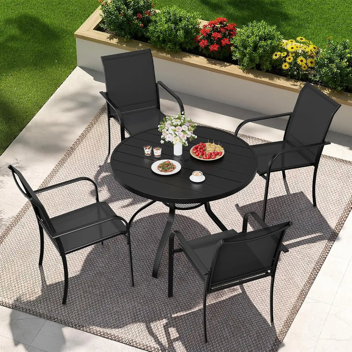 SUNCROWN 5 - Piece Outdoor Dining Set, Patio Furniture Set with 4 x Textilene Dinning Chairs and 41" Metal Round Table with Umbrella Hole for Lawn Garden Backyard Deck, Black