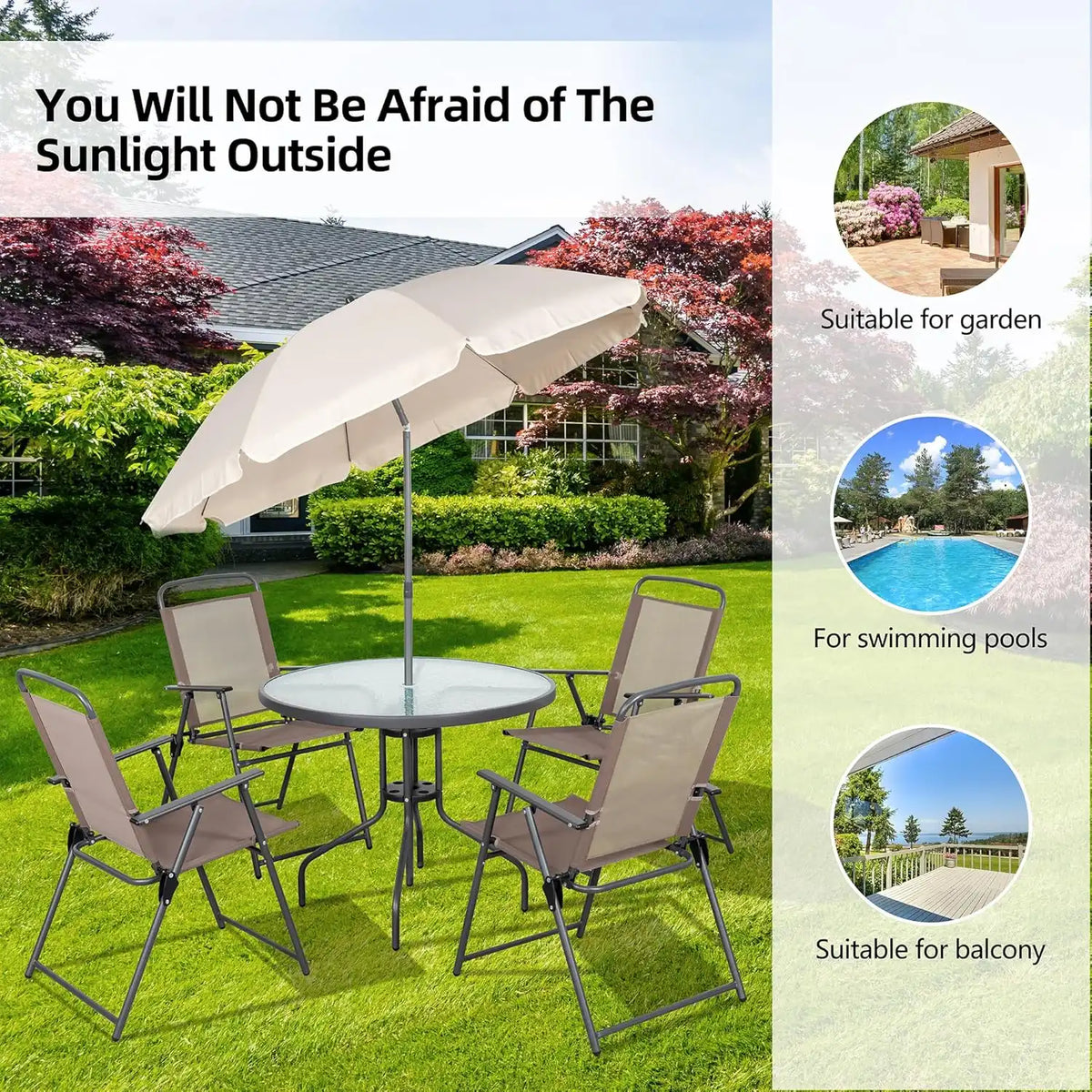 Vongrasig 6 Pieces Folding Patio Dining Set, All Weather Small Metal Outdoor Table and Chairs Set, Patio Furniture Set w/Umbrella, Glass Table & 4 Folding Chairs for Garden, Lawn, Backyard, Brown