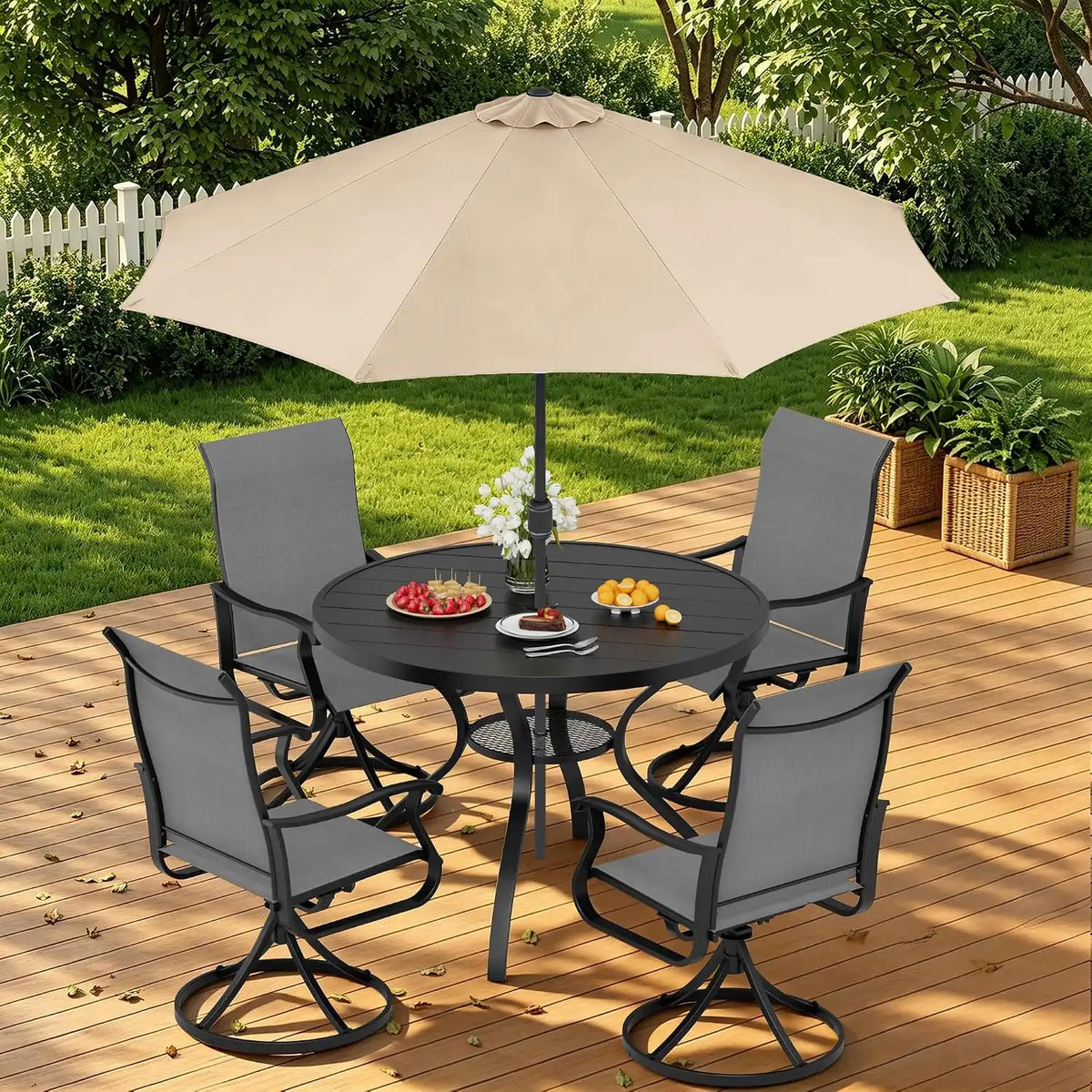 SUNCROWN 6-Piece Outdoor Dining Set, All Weather Patio Furniture Sets with 4 Dark Gray Swivel Textilene Mesh Chairs & Round Metal Table & 1 Brown 9Ft Umbrella for Deck Garden Backyard Poolside