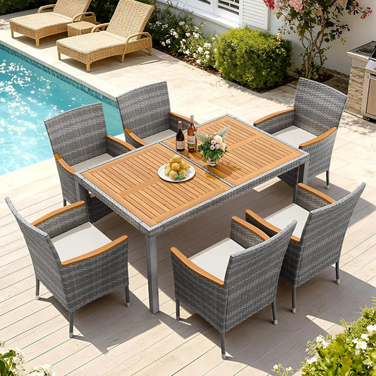 Devoko 7 PCS Acacia Wood Patio Dining Set, Gray Rattan