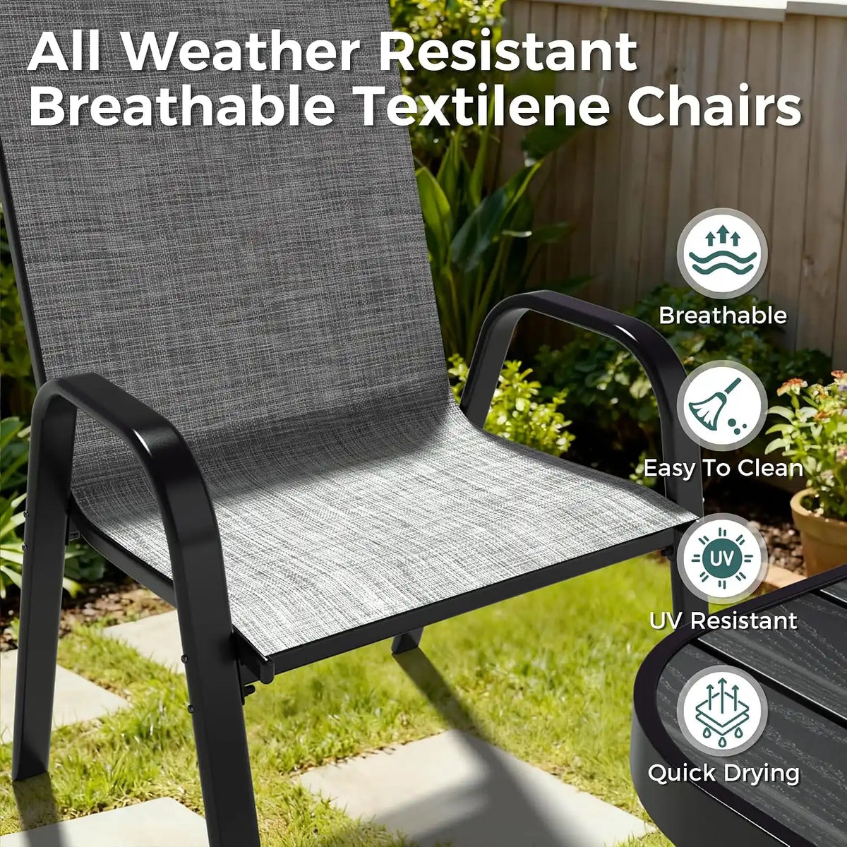 Pamapic Outdoor Dining Sets for 9, Rectangular Steel Slat Table with 8 Textilene Chairs, 8 Piece Patio Table and Chairs Set with Umbrella Hole for Patio, Backyard, Poolside (Grey, No Umbrella)