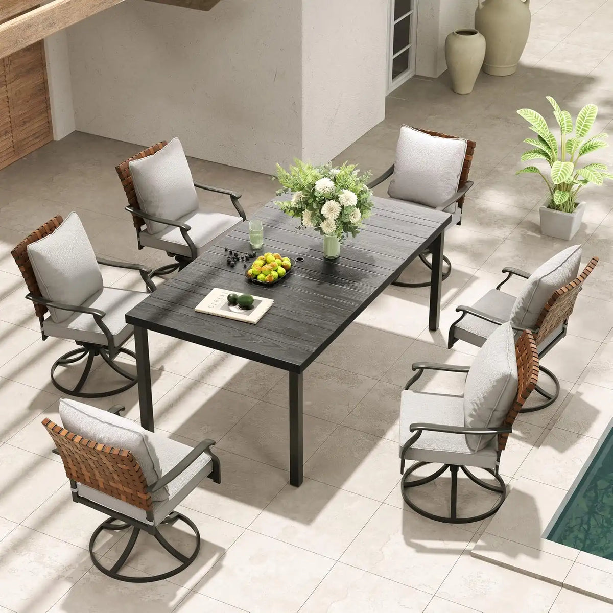 Grand patio 7-Pc Outdoor Swivel Dining Set, 6 Gray Chairs + Table, Black