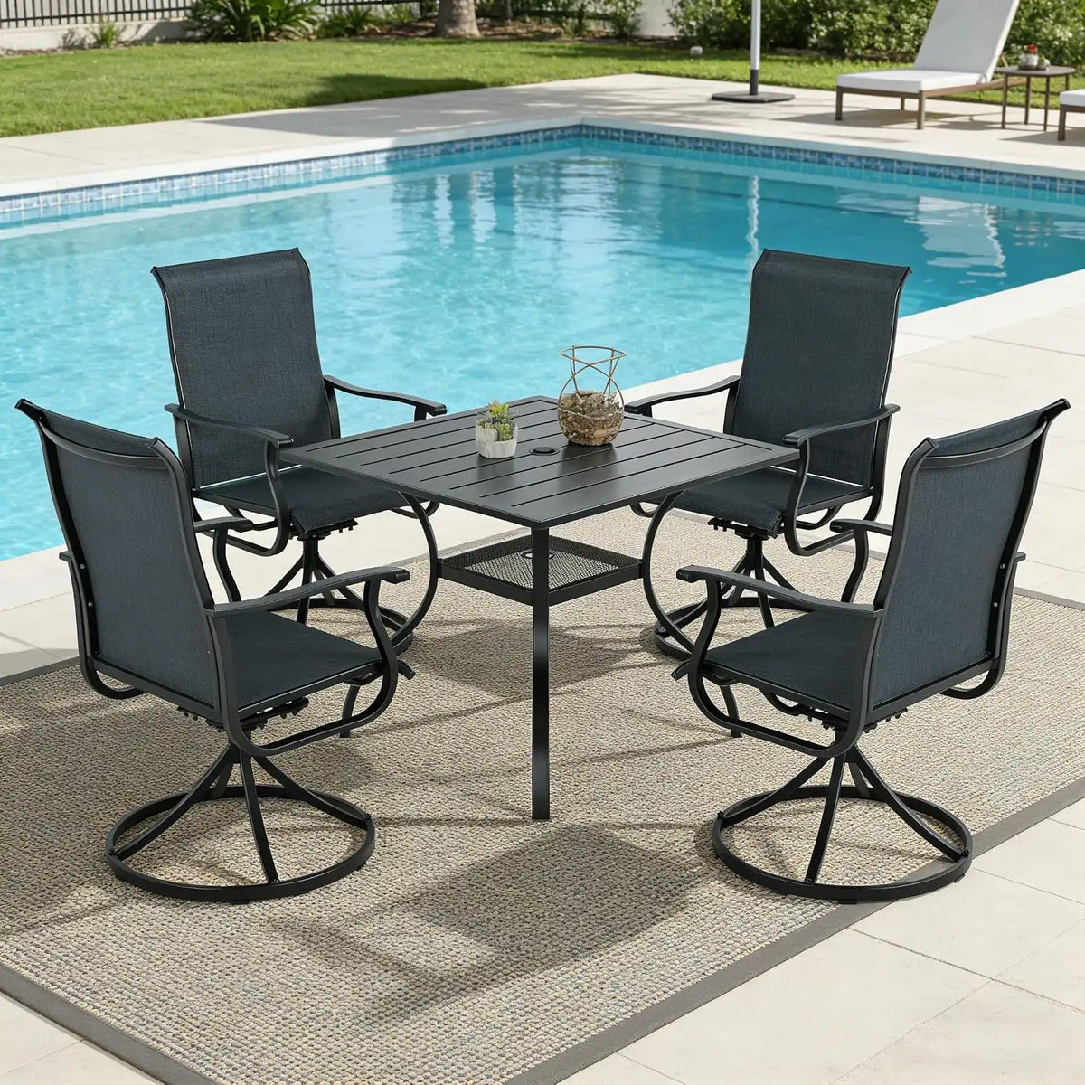 SUNCROWN 5-Piece Outdoor Patio Dining Set, All Weather Square Metal Table & 4 Black Swivel Textilene Mesh Chairs, Weather Resistant Patio Furniture for Deck Lawn Garden Backyard Poolside